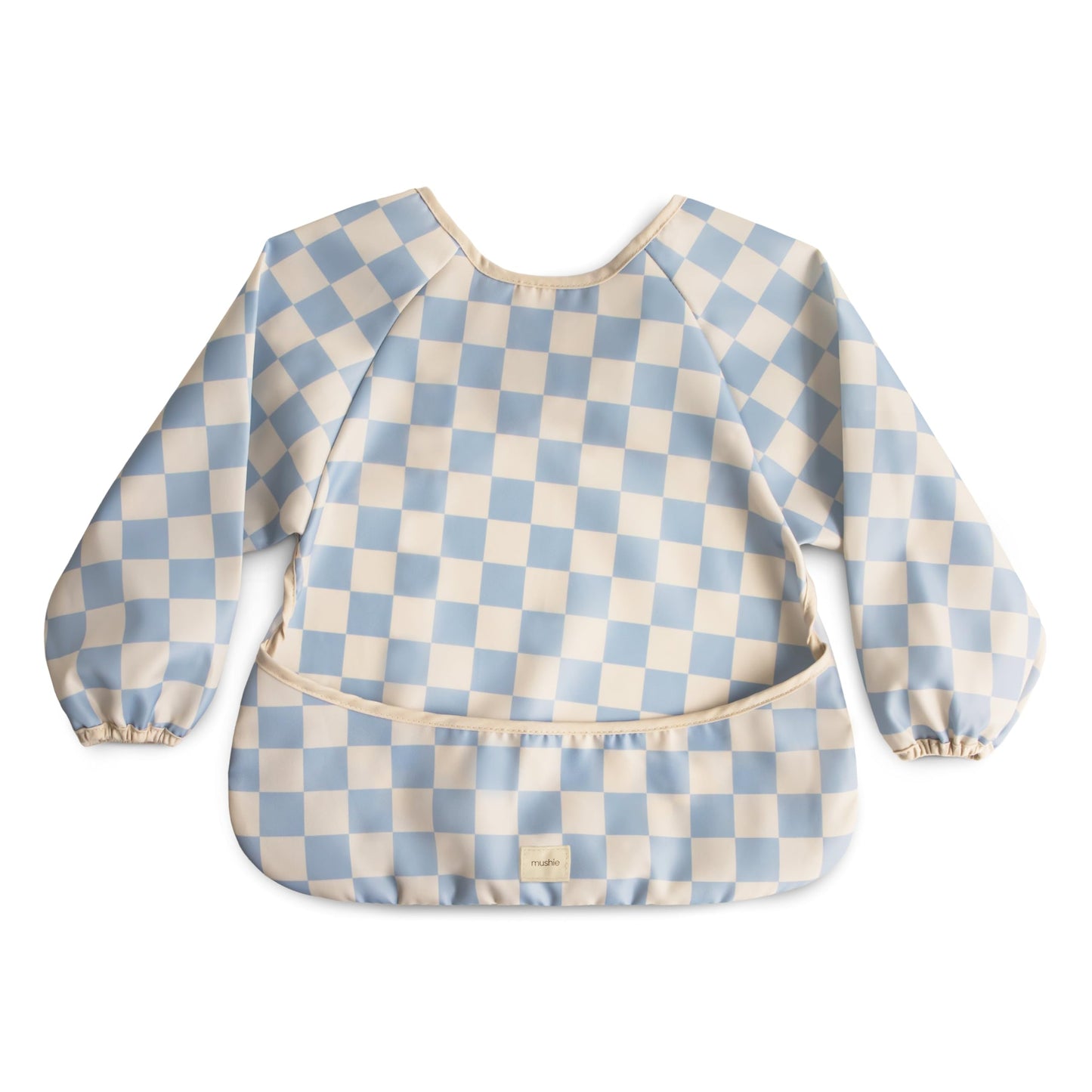 mushie Long Sleeve Baby Bib | Mess Free & Waterproof Fabric for Toddlers | Adjustable Fit for Ages 6-24 Months (Blue Check)