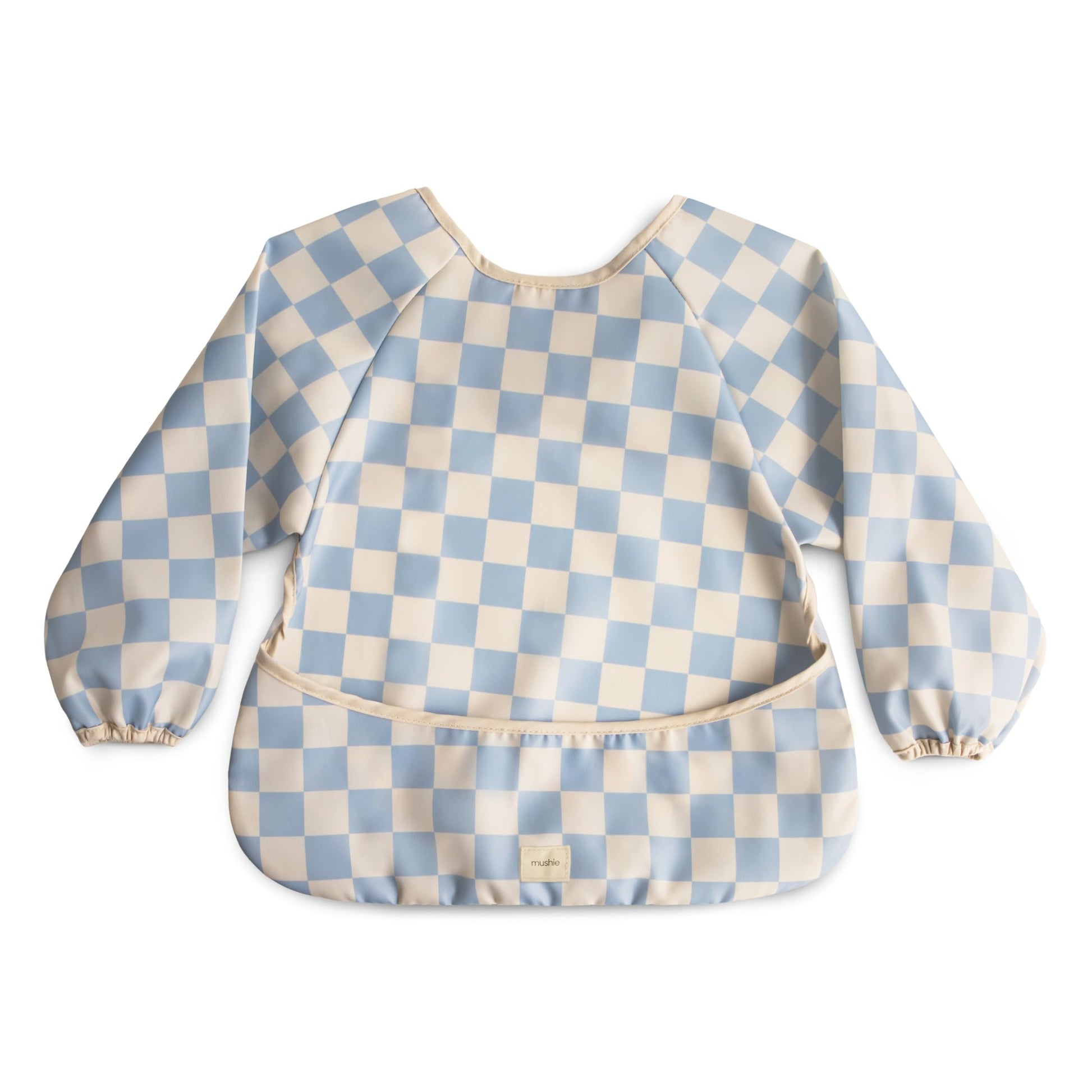 mushie Long Sleeve Baby Bib | Mess Free & Waterproof Fabric for Toddlers | Adjustable Fit for Ages 6-24 Months (Blue Check)