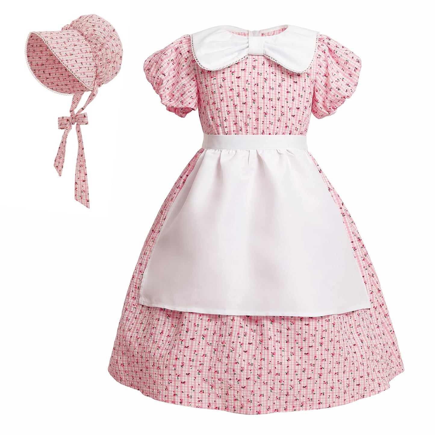 Ltakk Prairie Dresses Girls Pioneer Colonial Costume Girl Pilgrim Dress With Apron And Bonnet, Pink Plaid Floral, X-Large, Age O