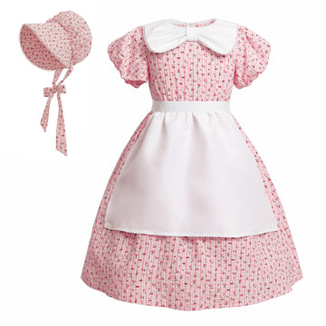 Ltakk Prairie Dresses Girls Pioneer Colonial Costume Girl Pilgrim Dress With Apron And Bonnet, Pink Plaid Floral, X-Large, Age O