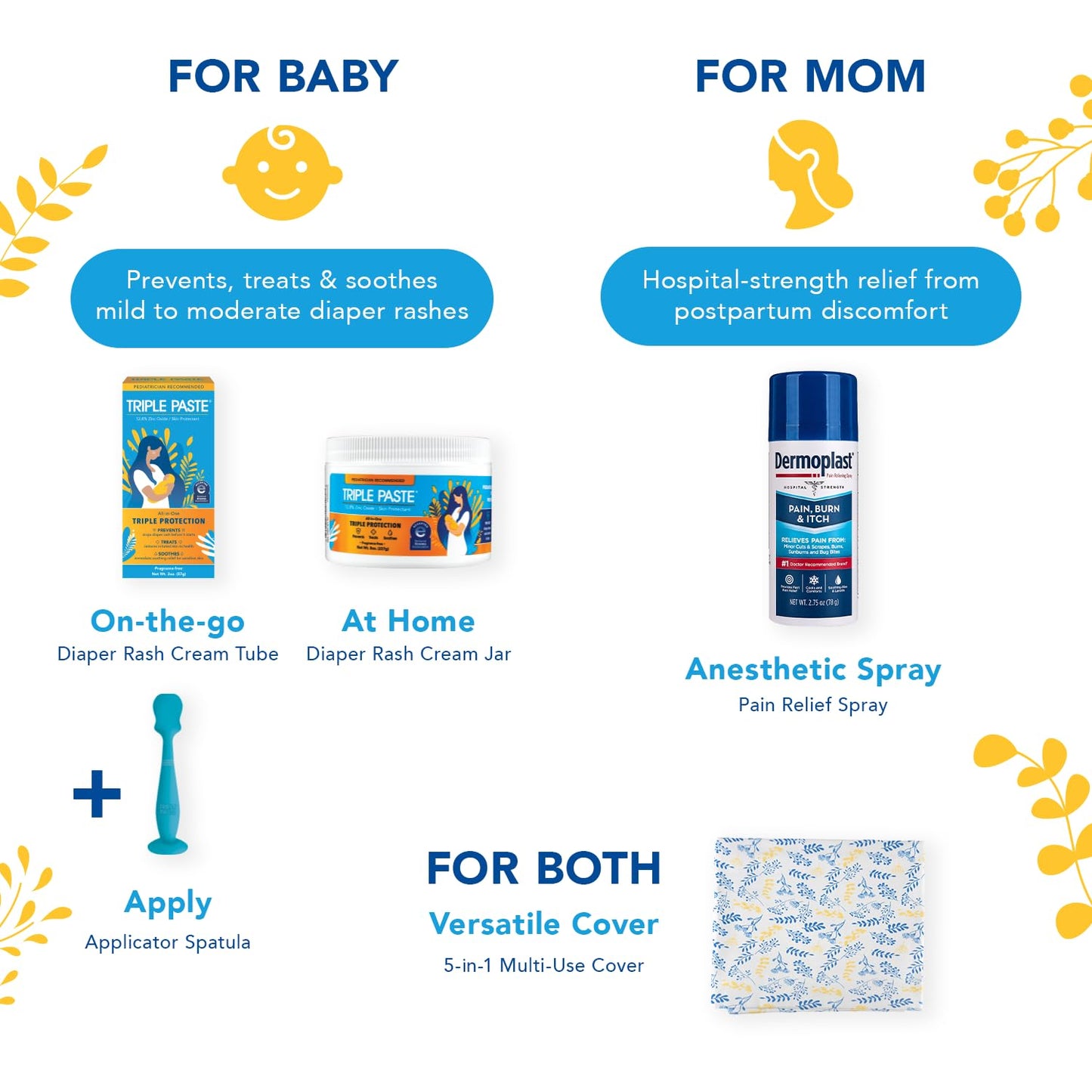 Triple Paste Mom & Baby Early Essentials Gift Set With 5 Items, Diaper Rash Ointment 8Oz Jar & 2Oz Tube, Spatula Applicator, Der