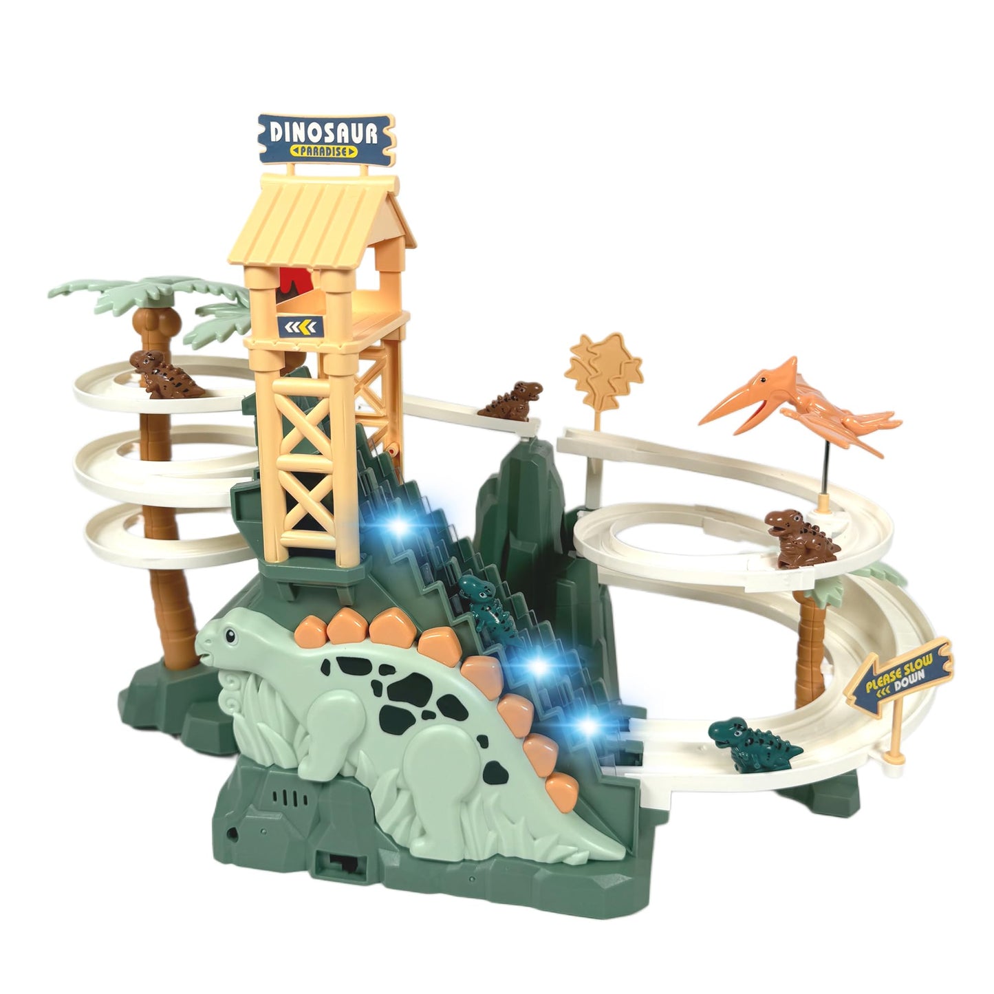 Gemprime Goods Dinosaur Climbing Slide Toy, Dinosaur Race Track Game Dino Car Track Adventure With Climbing Stairs, Lights & Mus