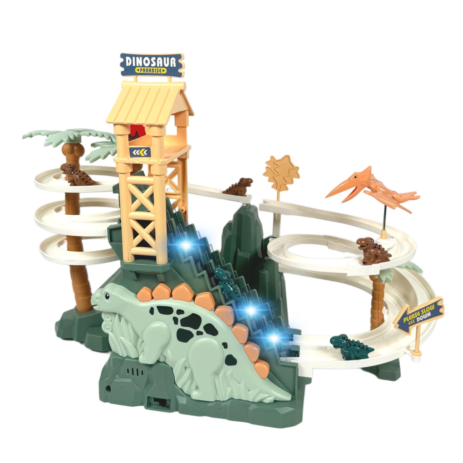 Gemprime Goods Dinosaur Climbing Slide Toy, Dinosaur Race Track Game Dino Car Track Adventure With Climbing Stairs, Lights & Mus