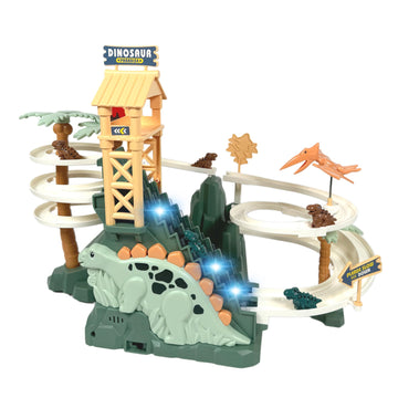 Gemprime Goods Dinosaur Climbing Slide Toy, Dinosaur Race Track Game Dino Car Track Adventure With Climbing Stairs, Lights & Mus