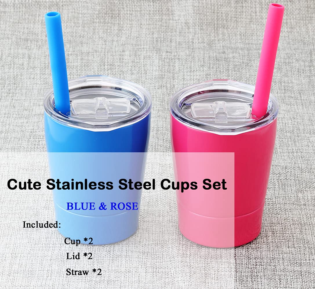 Colorful Popo Small Cute Kids Cups 2 Pack, Stainless Steel Kid Tumbler With Lid And Straw, Double Wall Vacuum Insulated Toddler