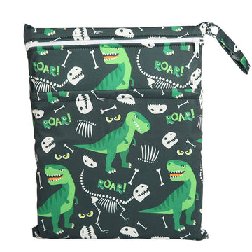 Sigzagor Wet Bag Baby Cloth Diaper Nappy Bag Reusable With Two Zippered Pockets Boys (Green Dinosaur)