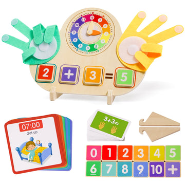 Montessori Learning Toys for Toddlers 3 4 5 years, Finger Counting Number Blocks and Clock Wooden Toys for Kids, Educational Mat