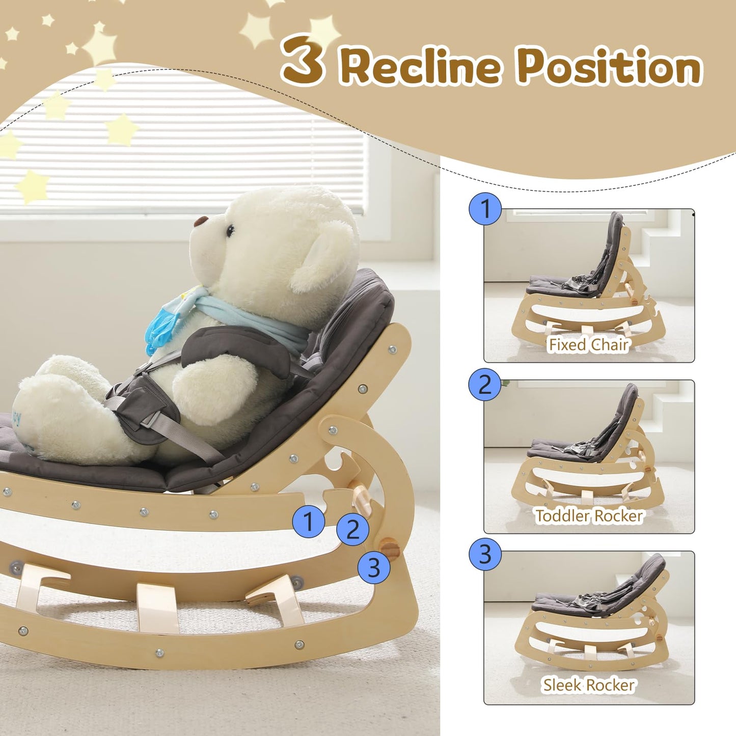 3-In-1 Baby Bouncer Adjustable Wooden Rocker Chair, Ergonomic Design Baby Lounger With Removable Cushion,Seat Belt And Booster,