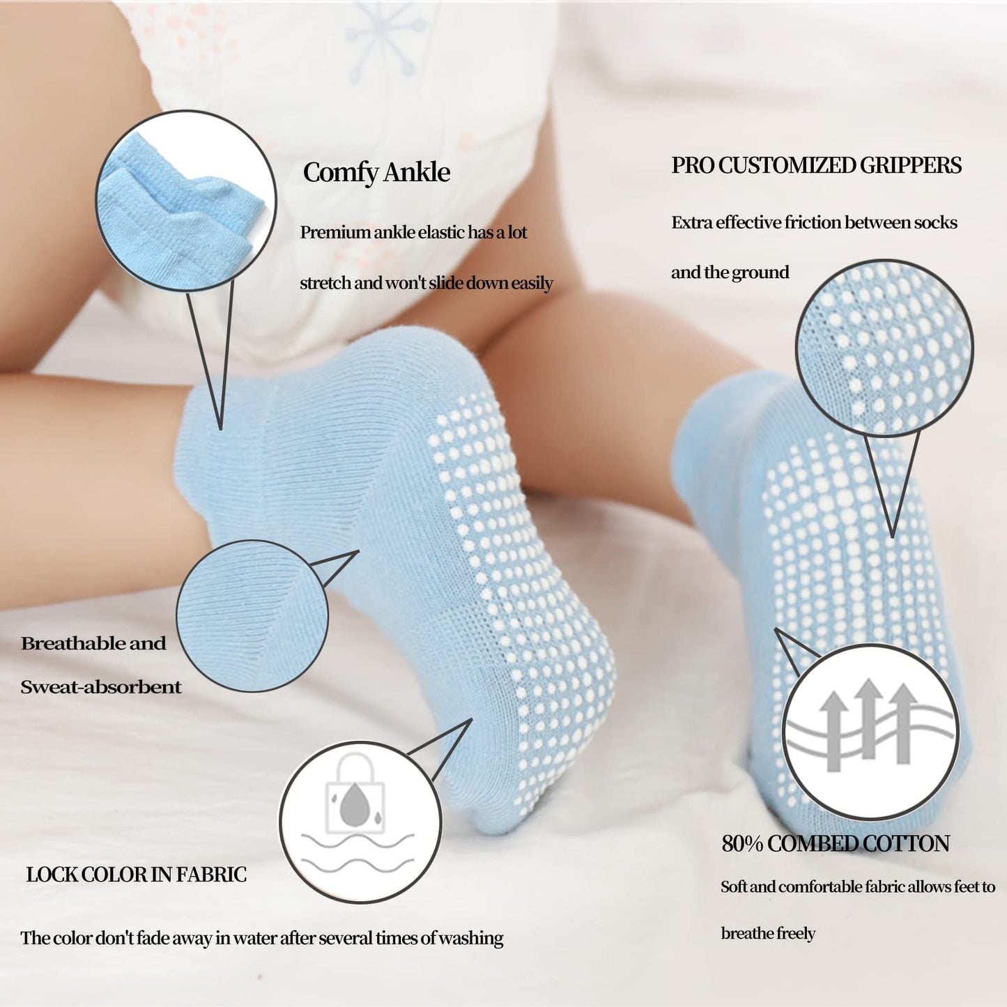 Qiyiendian 6 Pairs Non Slip Cozy Warm Ankle/Low Cut Socks With Grips For Baby Infant Toddler Kids Boys Girls(5-A Six Color,1-3T)