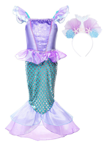 Jerrisapparel Girls Princess Mermaid Costume Cosplay Party Dress (3T, Purple With Headband)
