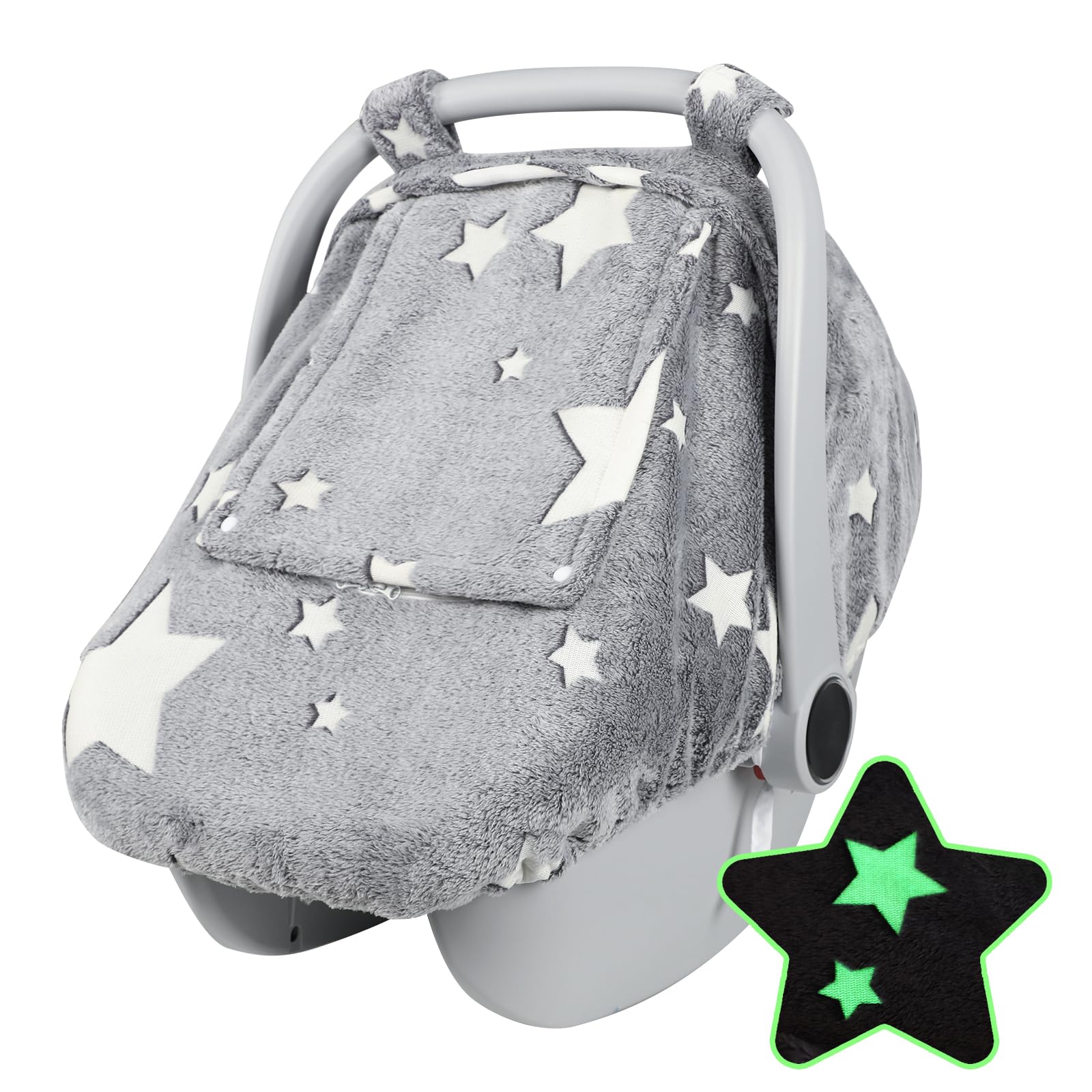 Car Seat Cover Baby Boys Girls, Soft Flannel Infant Carseat Cover with 2 Zipper Windows, Star Carrier Cover Canopy Glow in The D