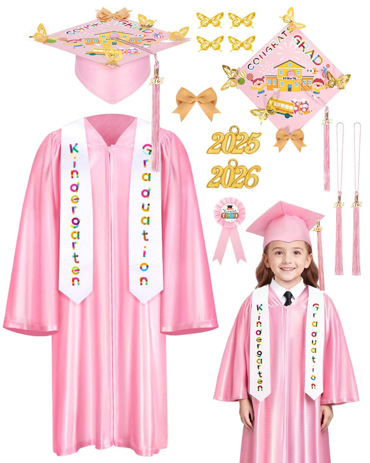 Wikitot Kindergarten Graduation Cap And Gown - Pink Preschool Graduation Cap And Gown With 2025 & 2026 Tassels, Preschool Gradua