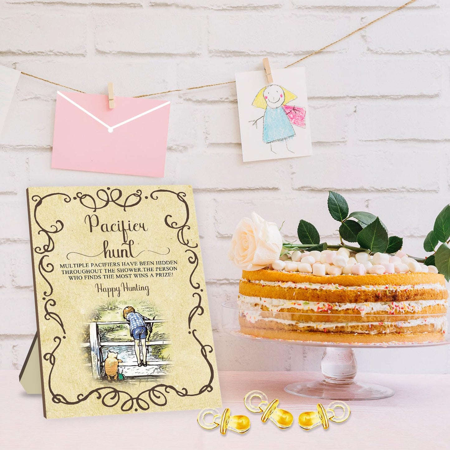 Winnie Baby Shower Games Set, Classic Pooh Pacifier Hunt Sign For Baby Shower Game, 50Pcs Yellow Mini Pacifiers Decor For Baby S