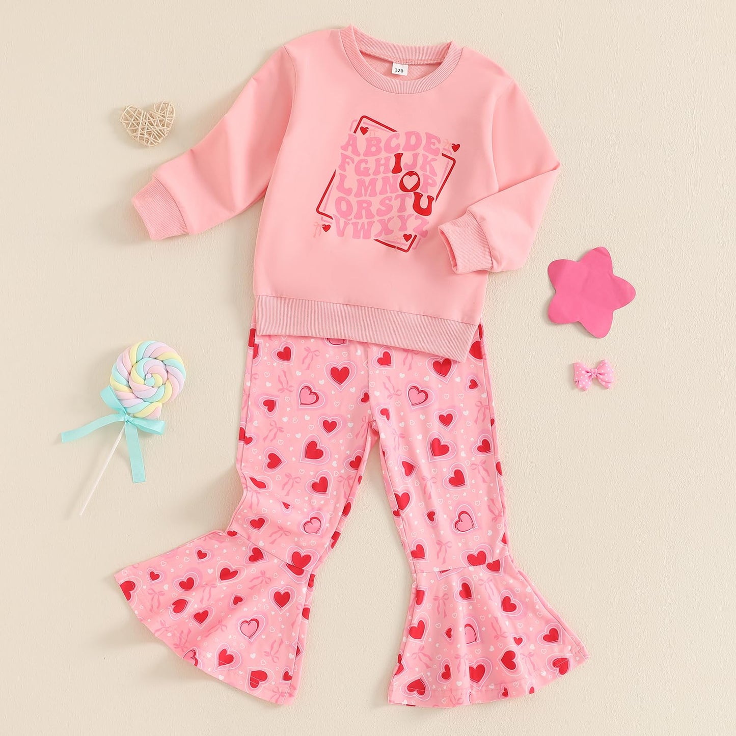 Iddolaka Toddler Baby Girls Valentines Day Outfits Long Sleeve Letter Sweatshirt Shirt Heart Flared Pants Spring Clothes (M-Lett