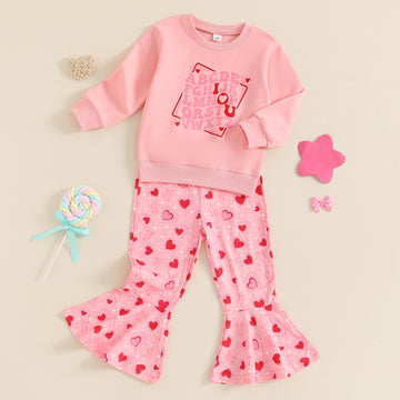Iddolaka Toddler Baby Girls Valentines Day Outfits Long Sleeve Letter Sweatshirt Shirt Heart Flared Pants Spring Clothes (M-Lett