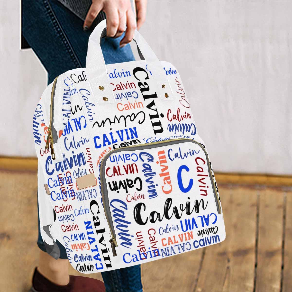 Personalized Diaper Backpack, Custom Logo White Blue Diaper Bag Baby Nappy Bag Fashion Shoulder Bag Casual Daypack Bag For Men W