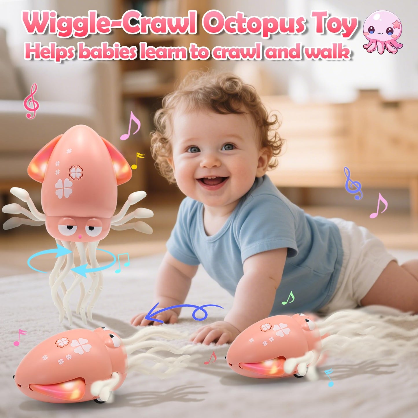 Pbooo Magic Dancing Octopus Toy, Electric Crawling with LED Lights and Music, Rechargeable Music Squid Baby Toy for 3-6 Year Old