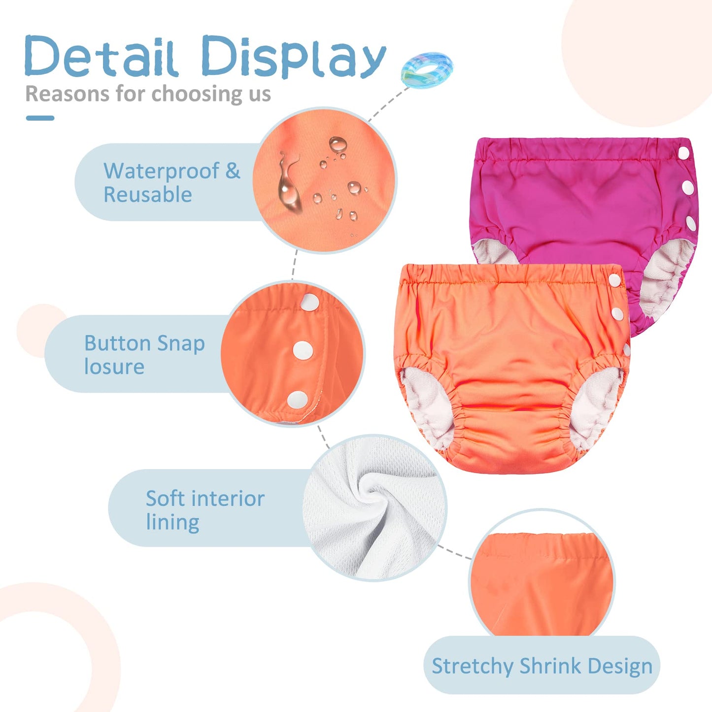 Durio Reusable Diapers Baby Washable Baby Swim Diapers Unisex Infant Swim Diaper Waterproof Baby Swimming Diaper Rose Orange 6-1