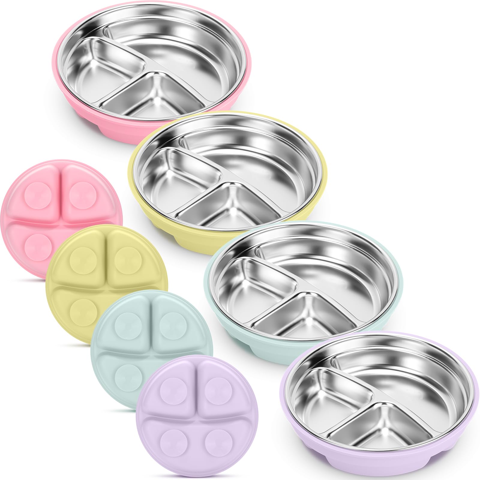 Nuogo 4 Pcs Stainless Steel Baby Suction Plates with Removable Silicone Shell 2-in-1 Metal Toddler Bowl Divided for Picky Eaters