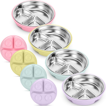 Nuogo 4 Pcs Stainless Steel Baby Suction Plates with Removable Silicone Shell 2-in-1 Metal Toddler Bowl Divided for Picky Eaters