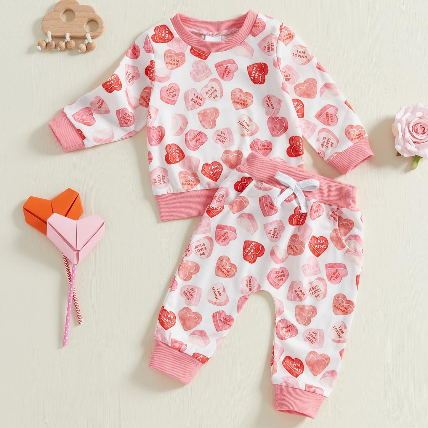 Coorally Toddlers Two-Piece Valentine'S Day Outfits Baby Boy Girl Long-Sleeve Crewneck Printed Sweatshirt And Pants Sets (Pink H