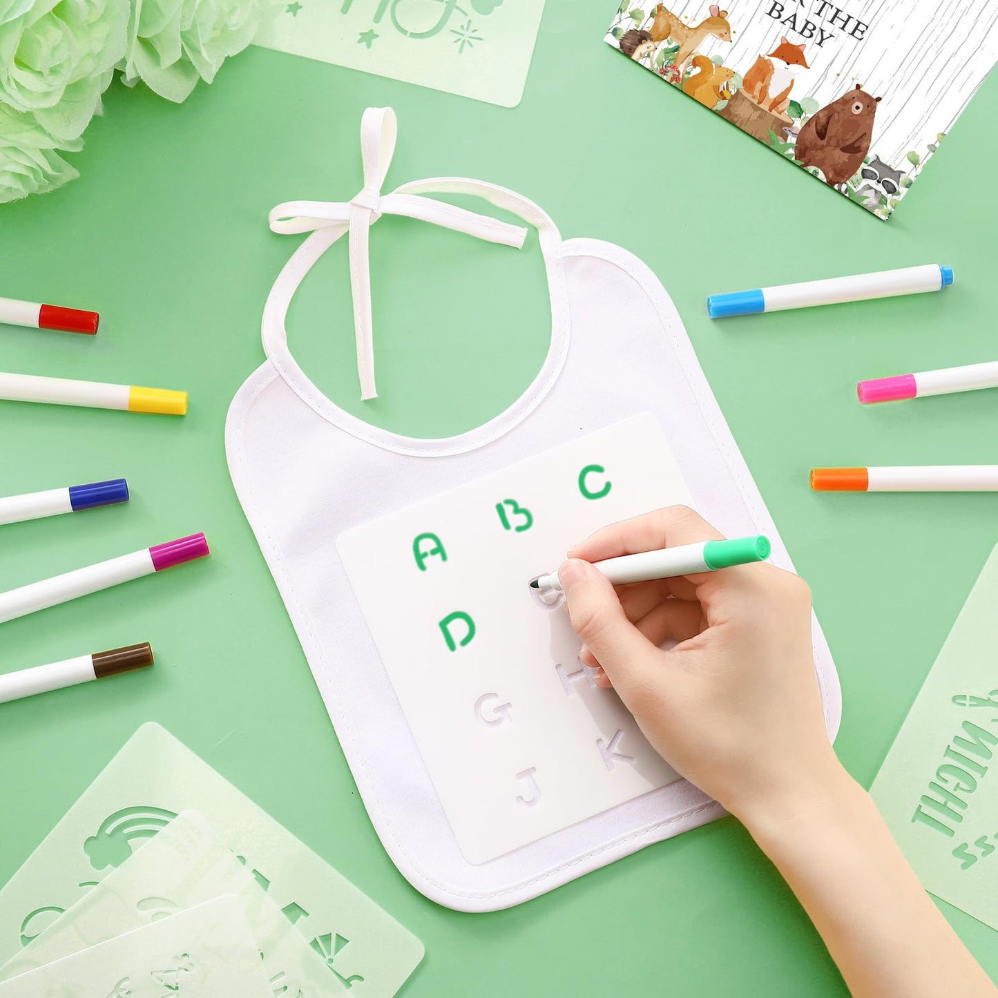Panitay 100 Pcs Diy Baby Bibs Decorating Kit 50 White Bibs 25 Stencils 24 Fabric Markers 1 Baby Shower Game Sign(Land Animal)