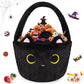 JIZWPOOM Halloween Basket, Black Cat Plush Halloween Baskets for Kids, Trick or Treat Bucket, Black Cat with Witch Hat Decor, Gi