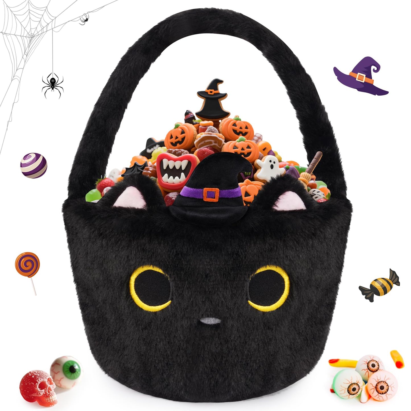 JIZWPOOM Halloween Basket, Black Cat Plush Halloween Baskets for Kids, Trick or Treat Bucket, Black Cat with Witch Hat Decor, Gi