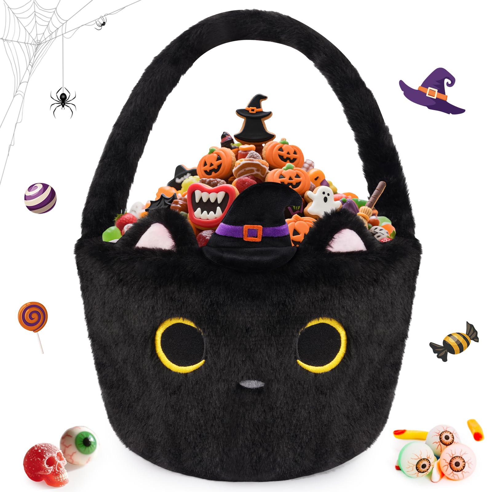 JIZWPOOM Halloween Basket, Black Cat Plush Halloween Baskets for Kids, Trick or Treat Bucket, Black Cat with Witch Hat Decor, Gi