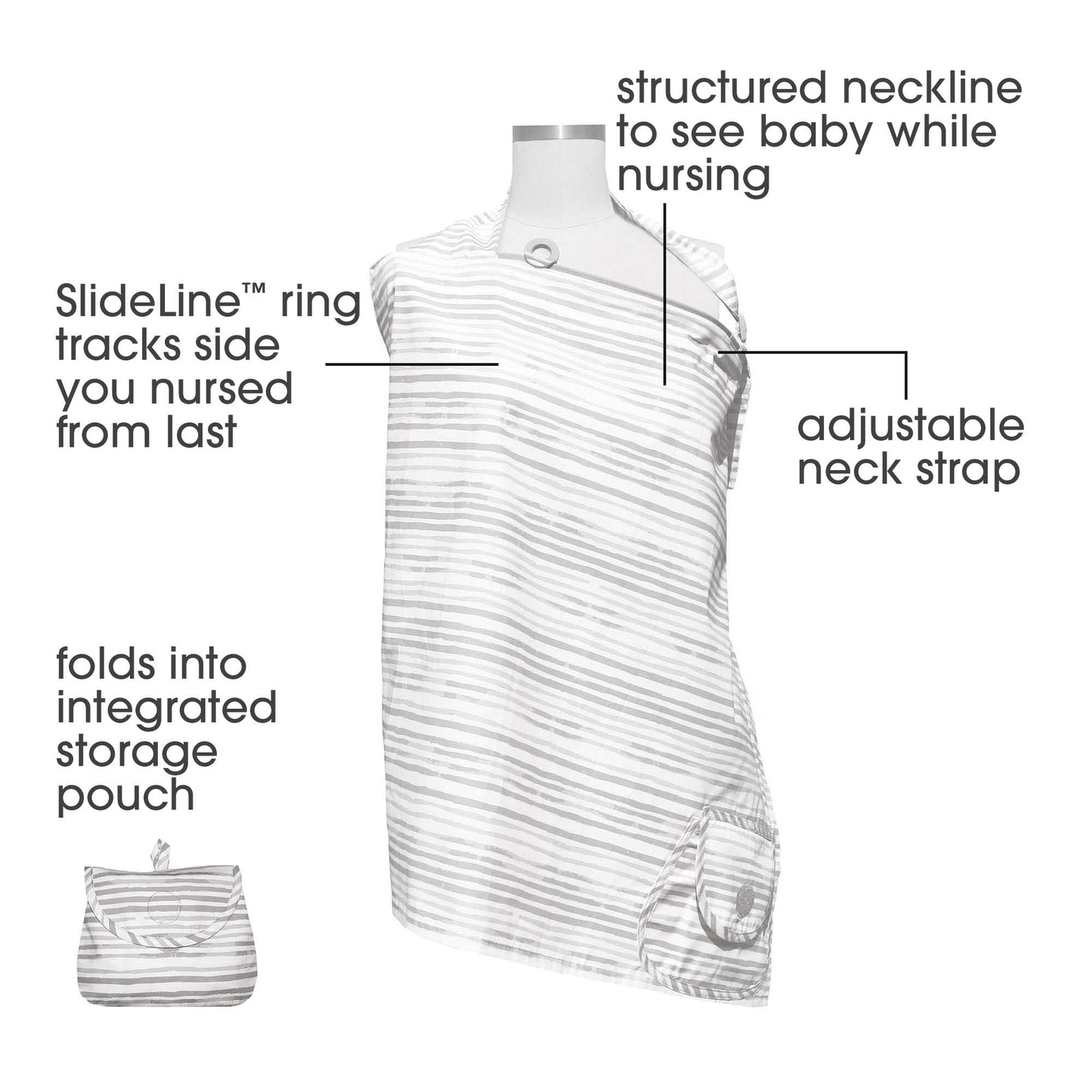 Boppy Nursing Cover For Breastfeeding, Gray Watercolor Stripes, Apron Style With Storage Pocket, Rigid Neckline To See Baby Whil