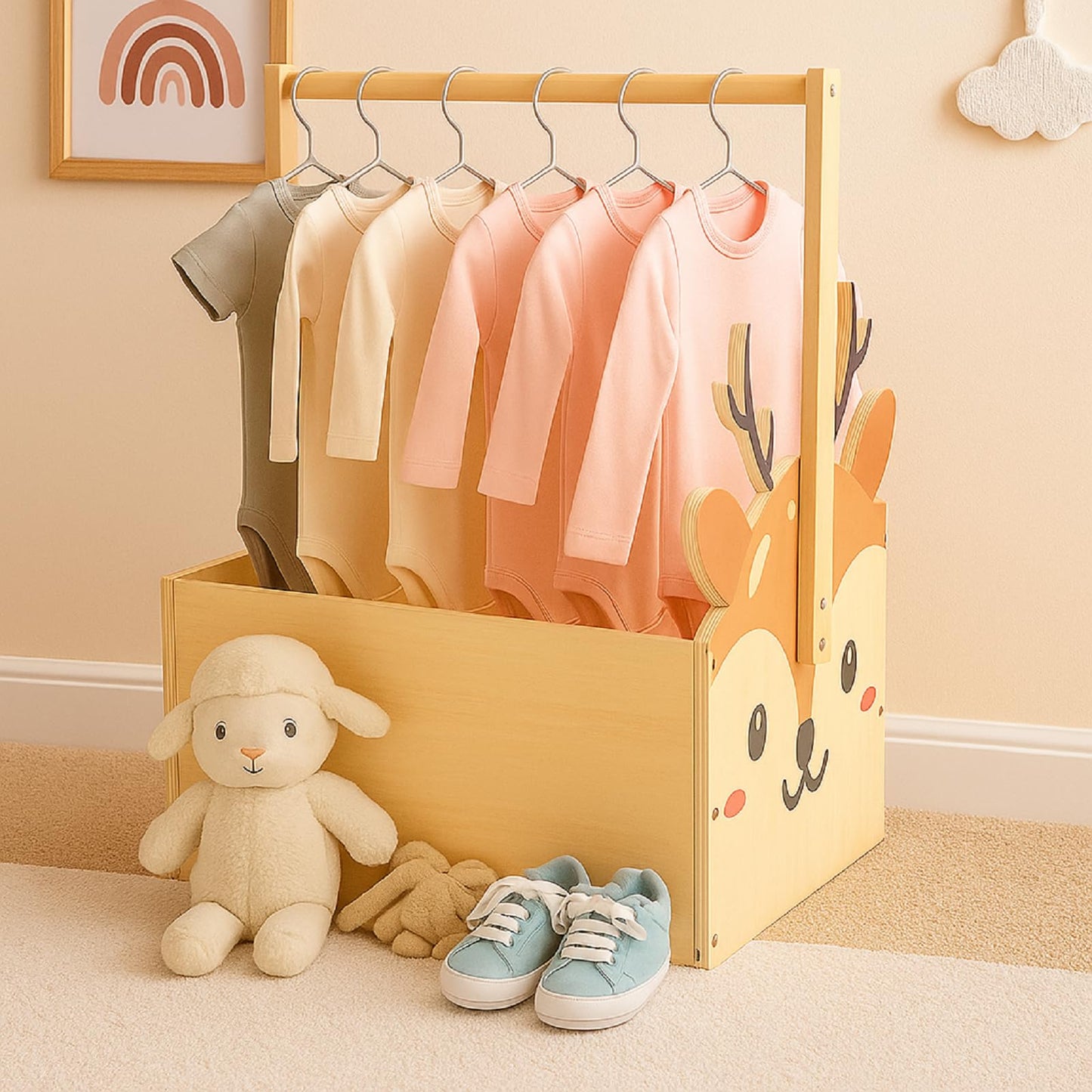 Juexica Cute Deer Wooden Baby Shower Gifts Basket Laundry Crate Closet Nursery Storage Basket for Newborn Boys Girls Welcome Bab