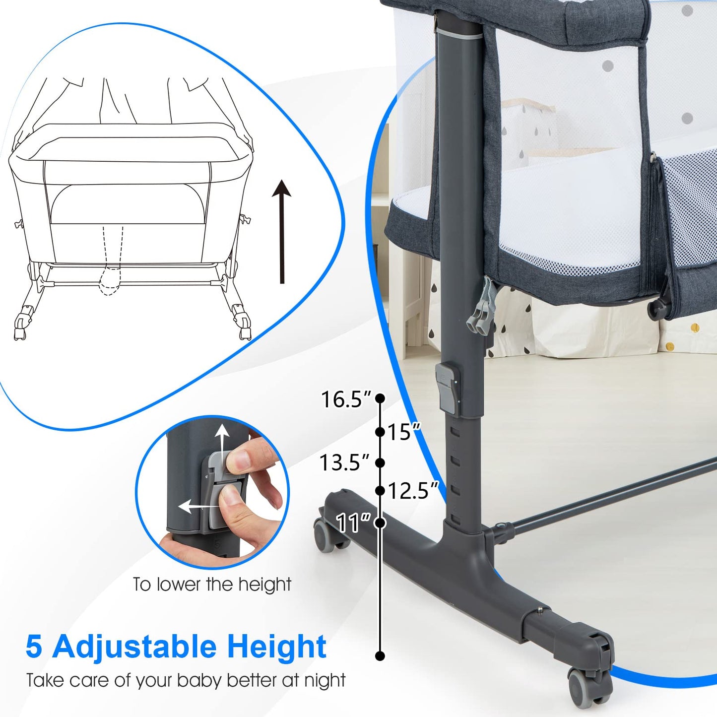Infans 3 In 1 Baby Bassinet, Bedside Sleeper For Newborn, Folding Crib With Mattress, Travel Bag, Wheels, 4-Sided Mesh, Easy To