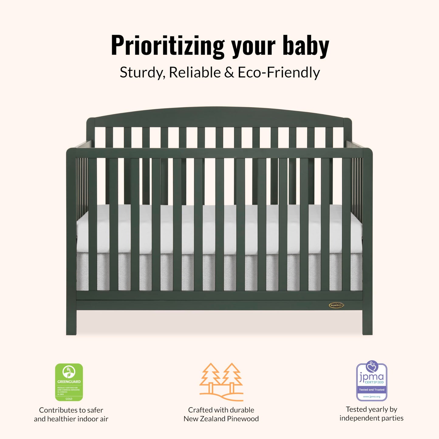 Dream On Me Jpma & Greenguard Gold Certified Odelle 5 In 1 Convertible Crib In Forest Green, Built Of Sustainable Pinewood, 3 Ma