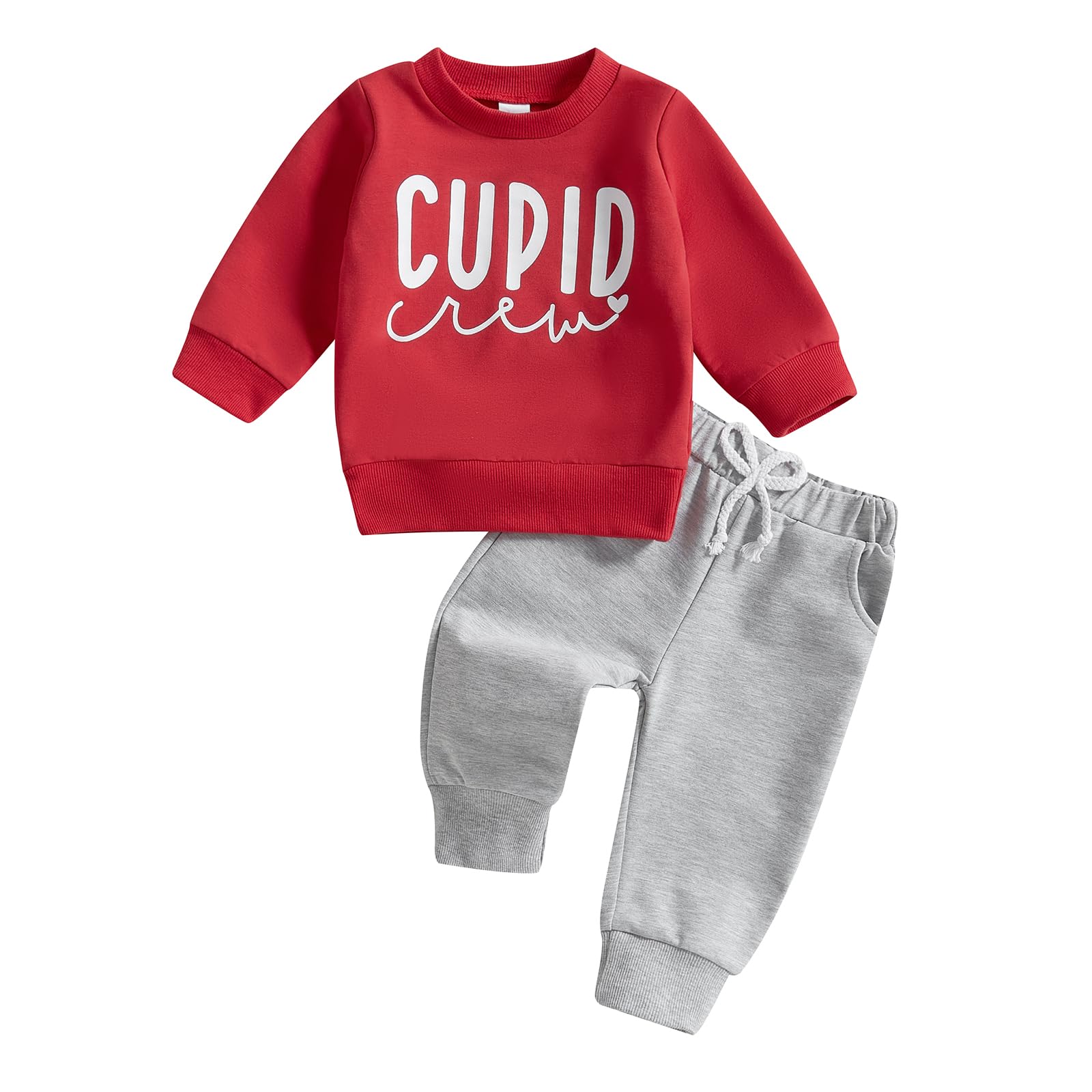 Dewadbow Baby Boy Spring Fall Clothes Set Letter Print Crewneck Sweatshirt Long Pants Toddler Valentines Day Outfit (Cupid, 3-6 