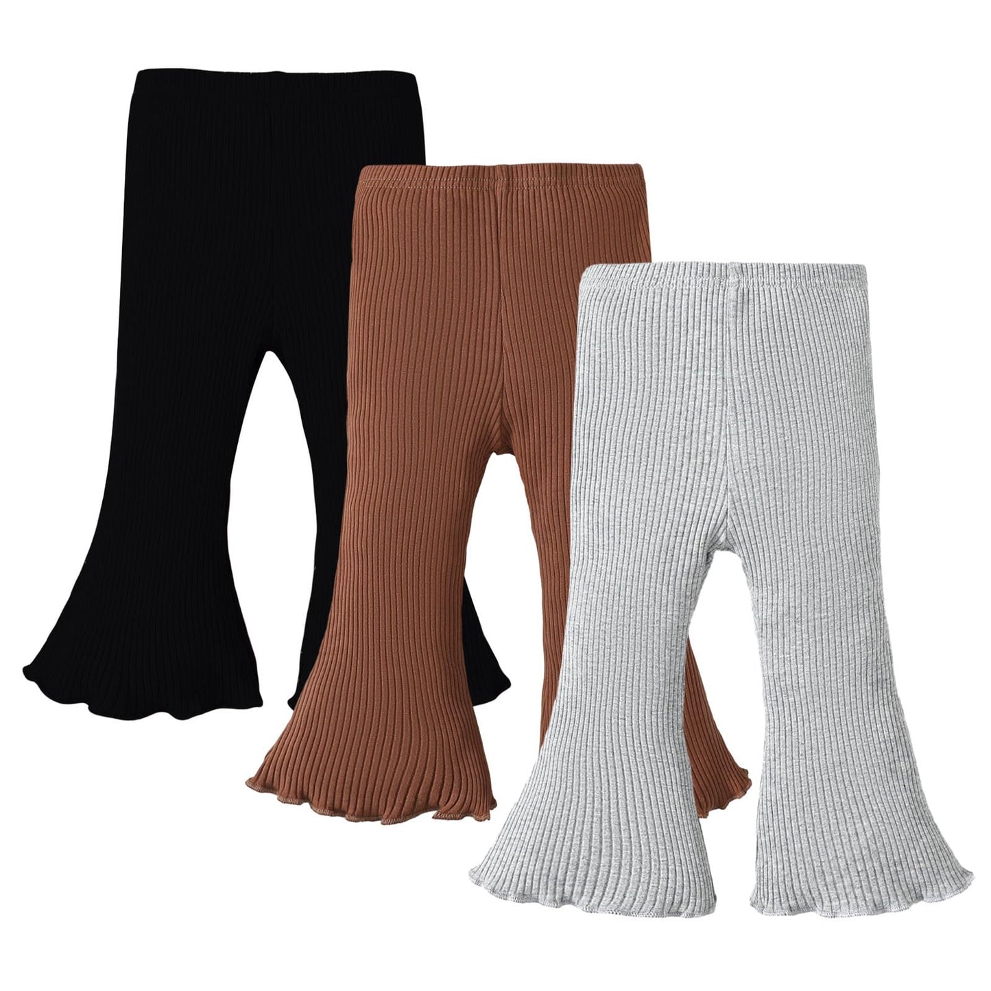 Sobowo Toddler Baby Girl Flare Pants 3 Pack Solid Ribbed Ruffle Bell Bottoms Pants Fall Outfits(Black/Caramel/Gray, 12-18 Months