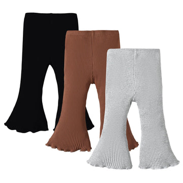 Sobowo Toddler Baby Girl Flare Pants 3 Pack Solid Ribbed Ruffle Bell Bottoms Pants Fall Outfits(Black/Caramel/Gray, 18-24 Months