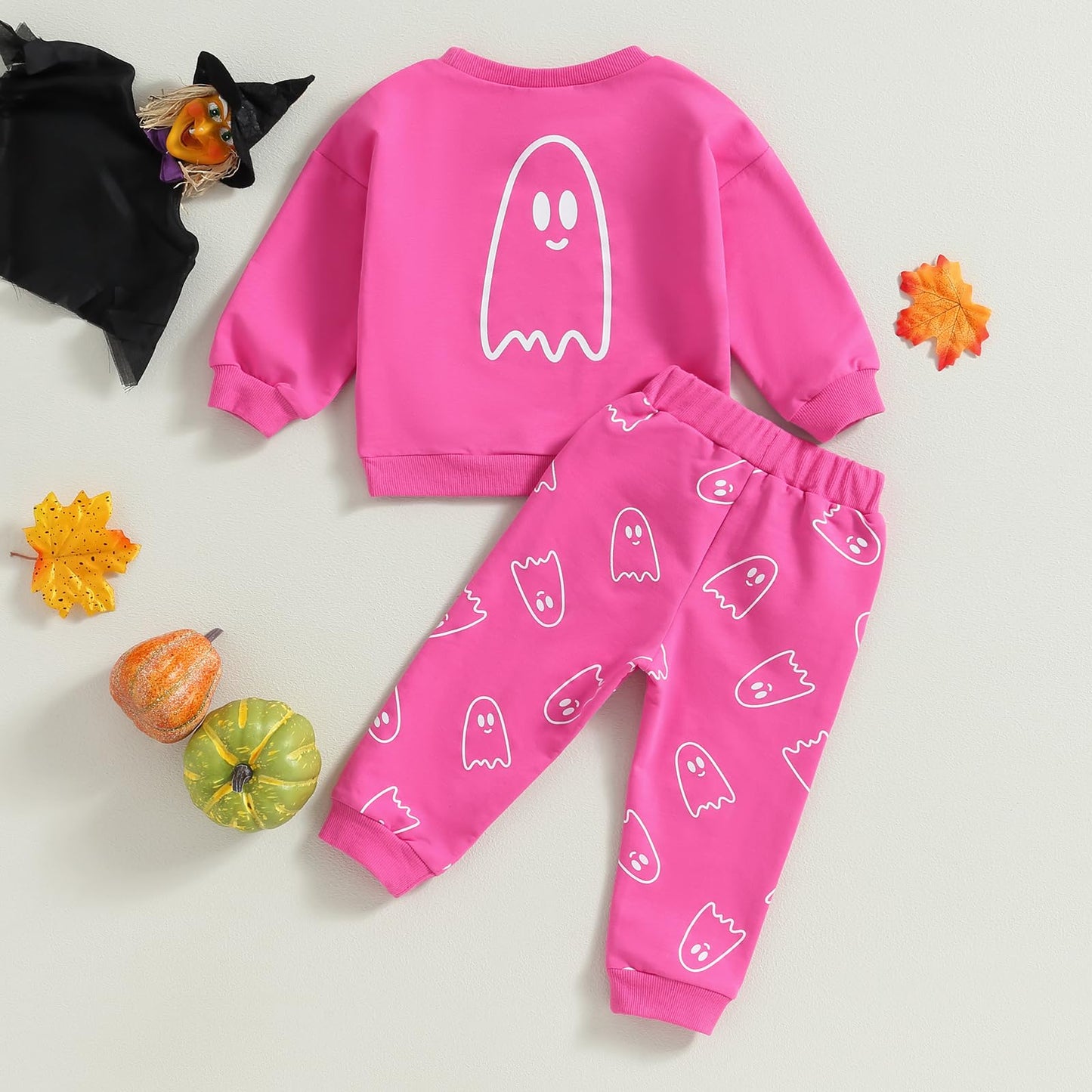 Toddler Baby Girl Boy Halloween Clothes Pumpkin Shirt Ghost Sweatshirt Pants Fall Outfit Baby Halloween Costumes (Rose Pink Ghos