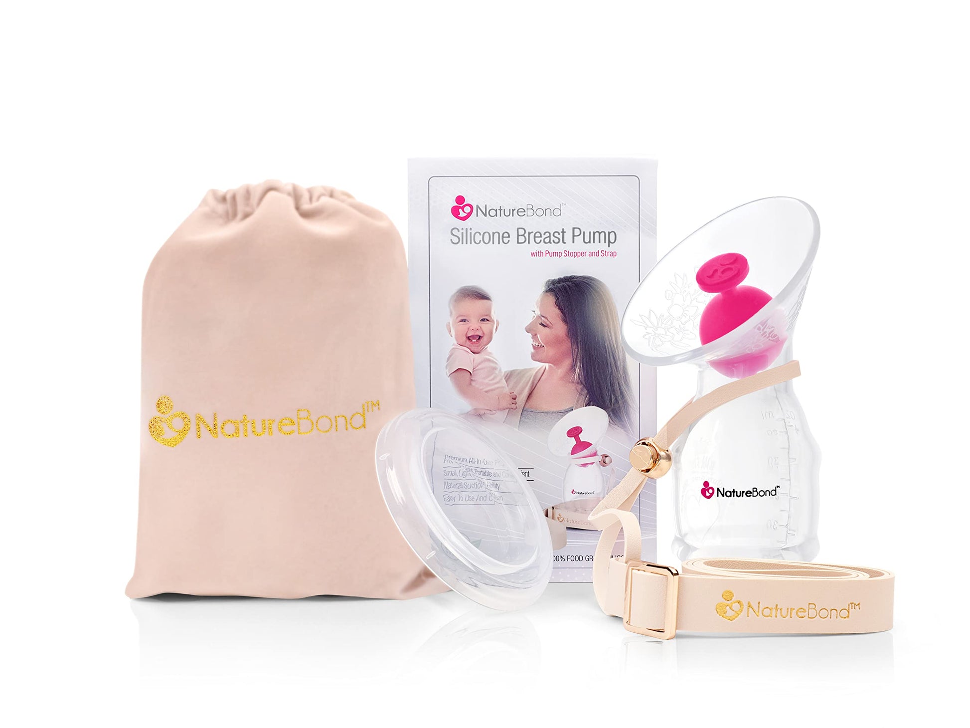 Naturebond Silicone Breast Pump With Lid, Stopper, Strap, Pouch Breastfeeding Essential Premium All In 1 Set 34Oz 100Ml (Premium