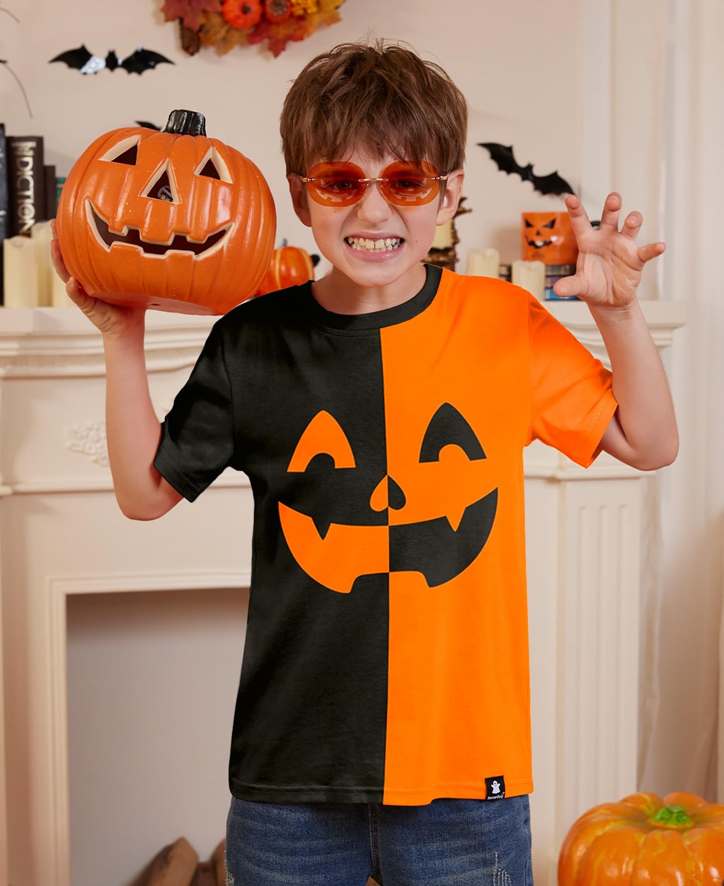 Halloween Little Boys Orange Black Pumpkin Face Jack O' Lantern Shirt Funny Short Sleeve Top 6 Years