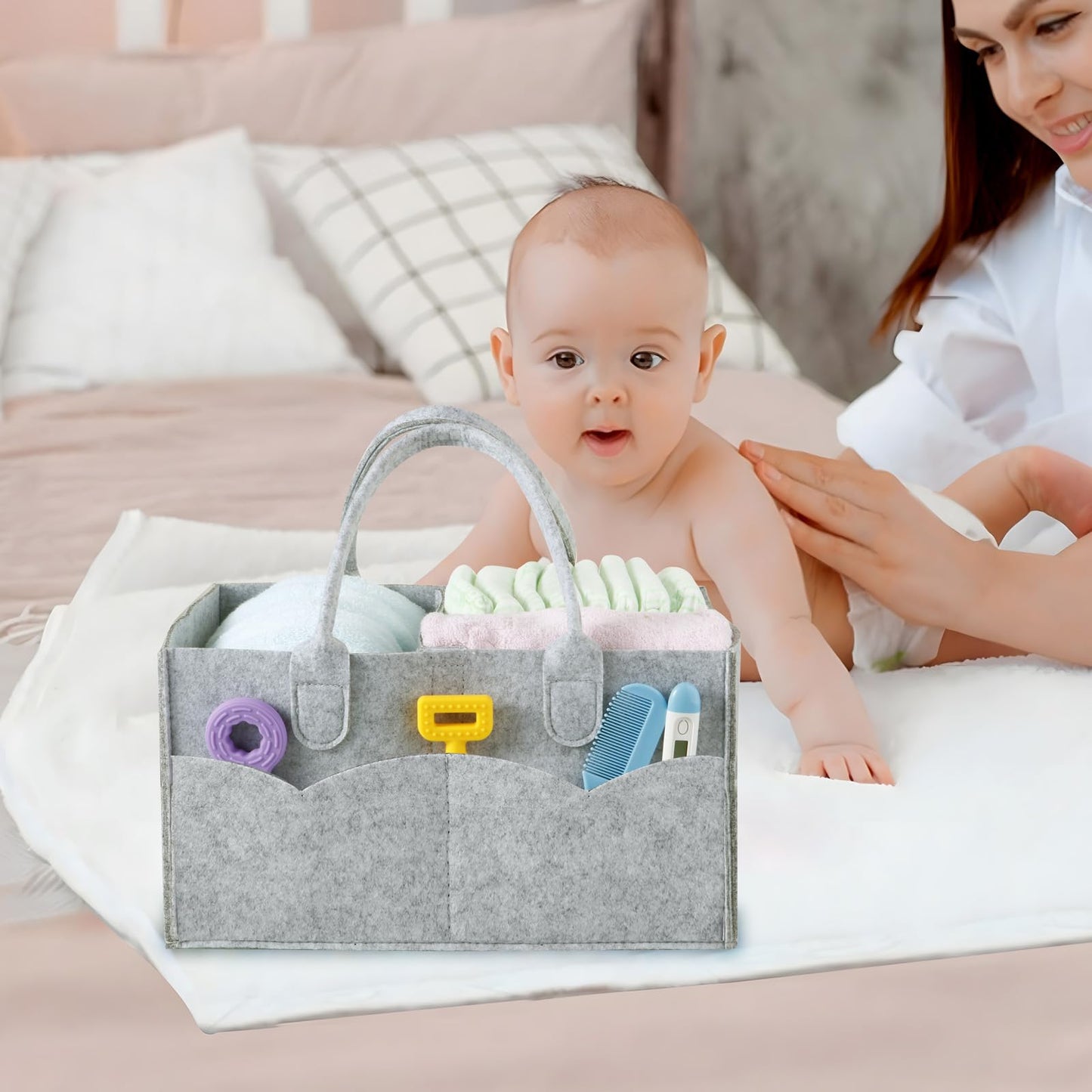 Pandaear 2 Pack Baby Diaper Caddy Organizer, Portable Diaper Holder Nursery Storage Basket For Wipes & Baby Stuff, Collapsible B