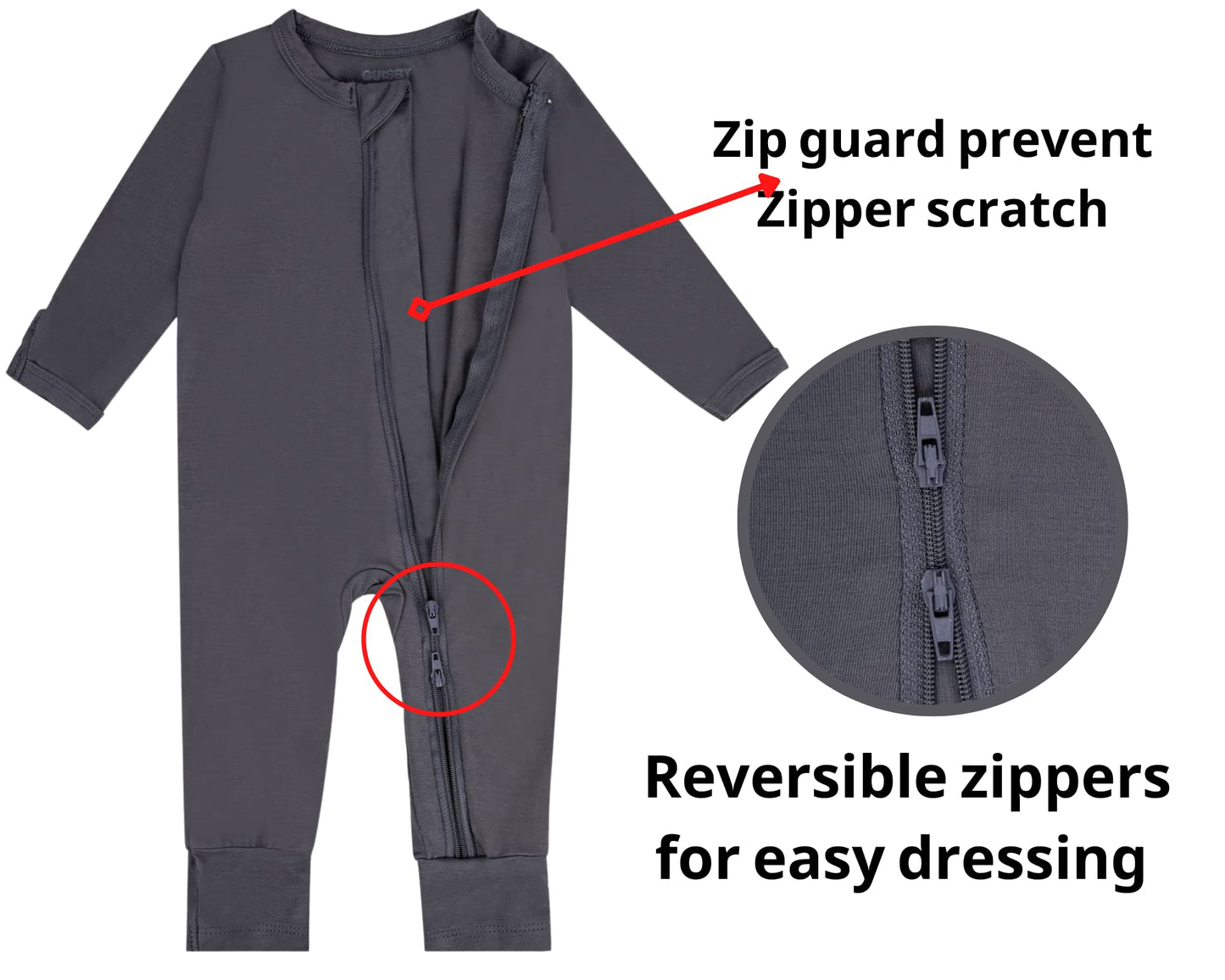 Long Sleeve Footless Romper Baby, Rayon Two Way Zipper Sleeper 3-6 Months Sliver Grey