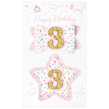Deeka 3Rd Birthday Hair Bow And Badge Set For Girl - Glitter Pink And White Hair Clips For 3 Year Girl Party Decoration - Toddle