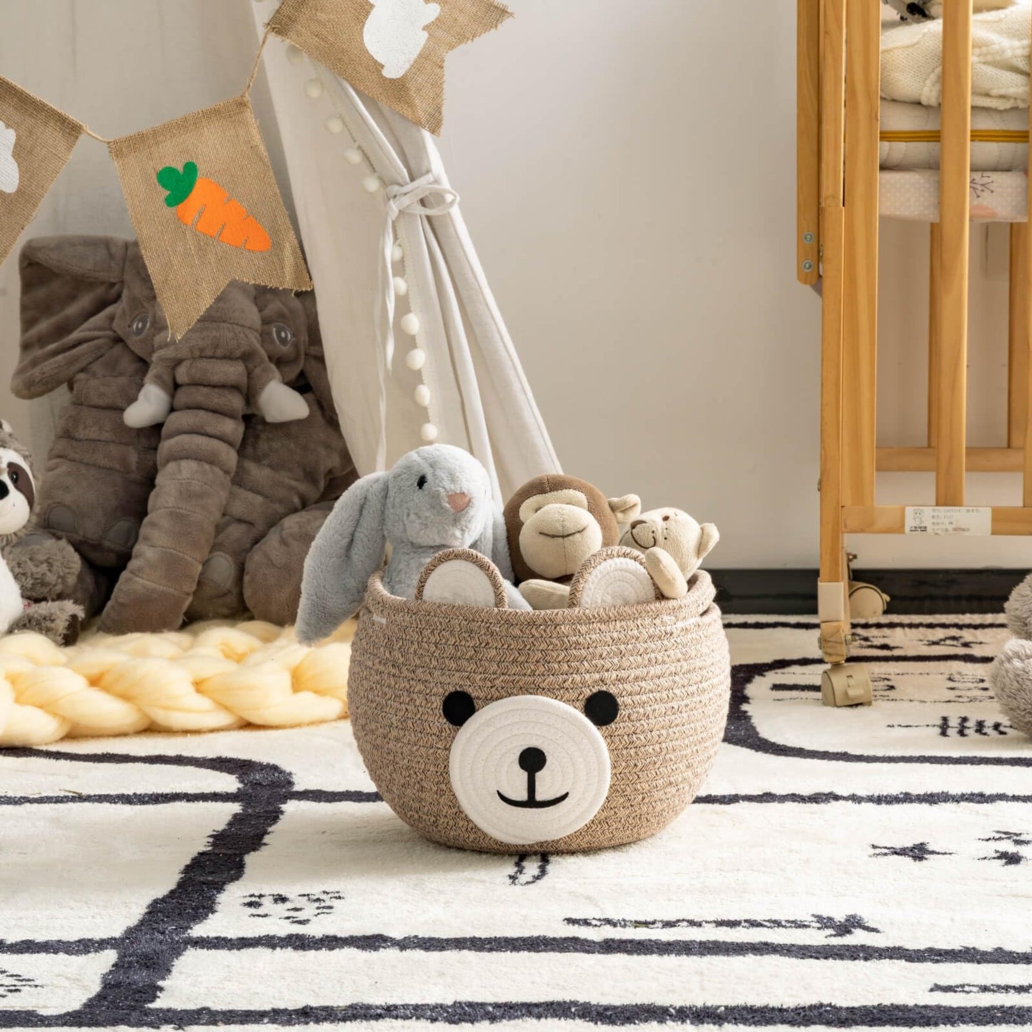 Cherrynow Cotton Rope Basket Baby Basket For Nursery, Bear Gift Basket For Kids, Empty Baby Shower Basket With Handles, Small Cu