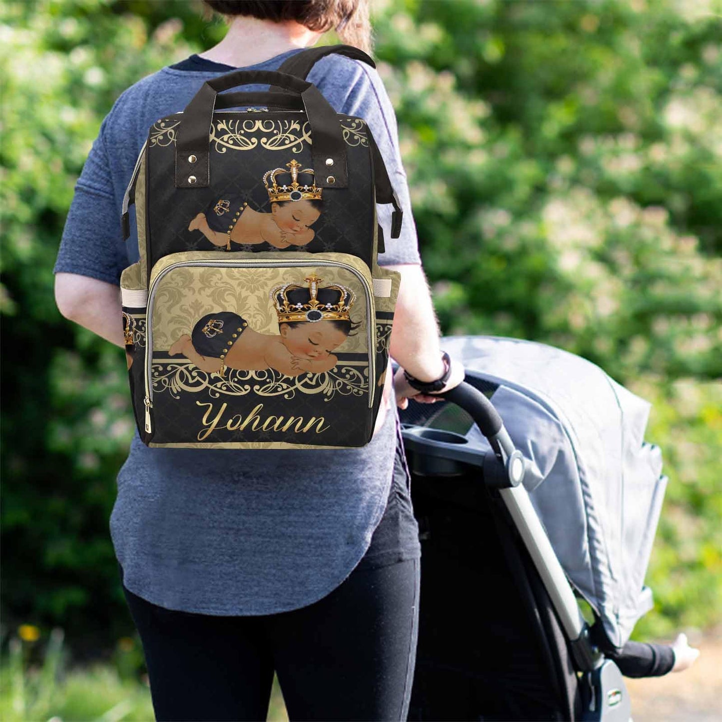 M Yescustom Personalized Baby Diaper Backpack, Vintage Golden Black Crown Prince Diaper Bag With Name, Waterproof Mommy Nursing
