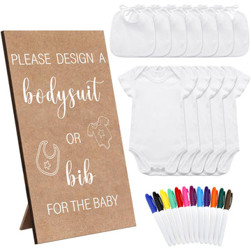 Panitay 43 Pcs Baby Bibs Bodysuit Games Set Wooden Game Sign 15 Blank White Bibs 15 Newborn Bodysuit 12 Marker(Classic Style)