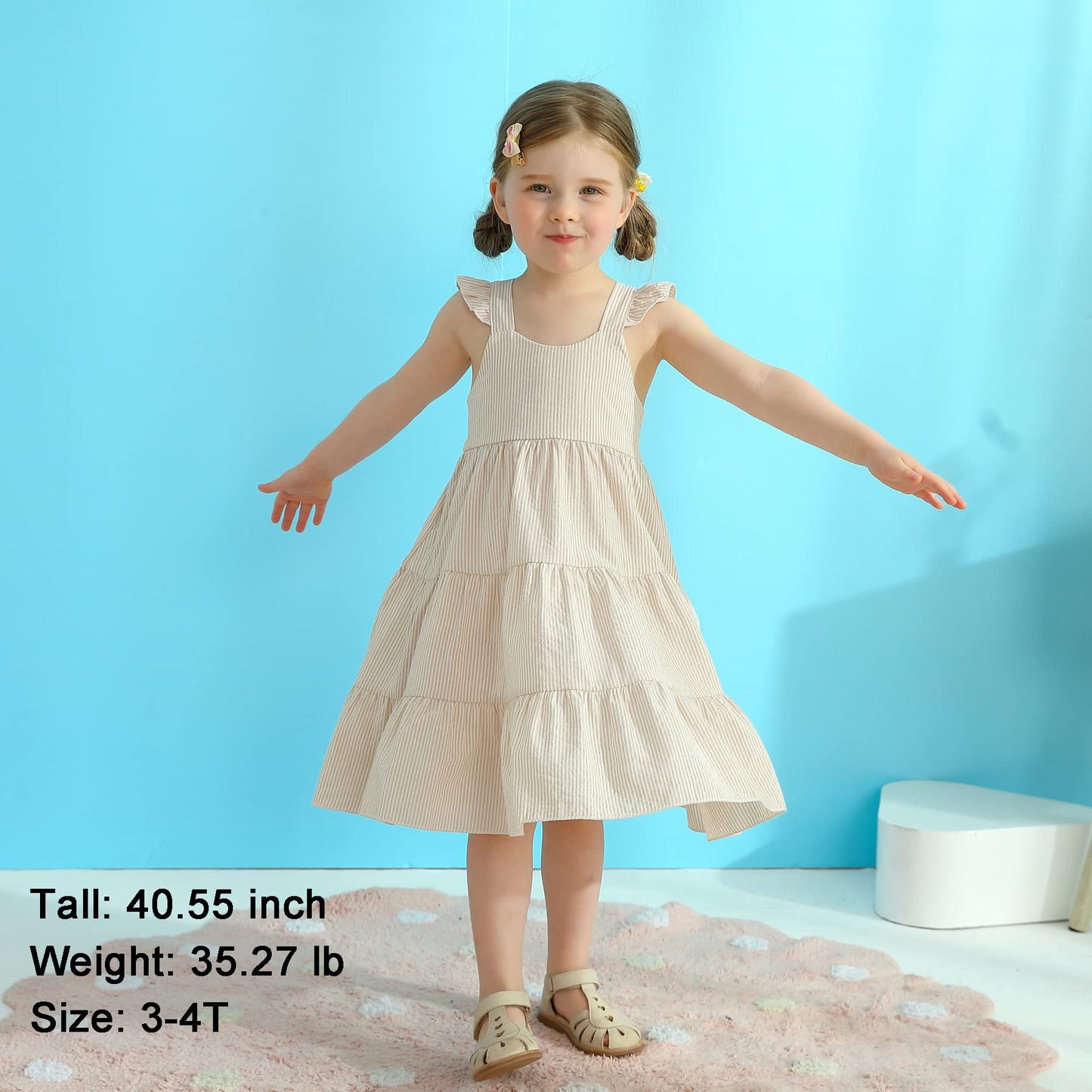 Younger Tree Toddler Baby Girl Dress Summer Outfits Stripe Flutter Sleeve Smocked Dress Kids Causal Boho Dresses Clothes (4-5T,