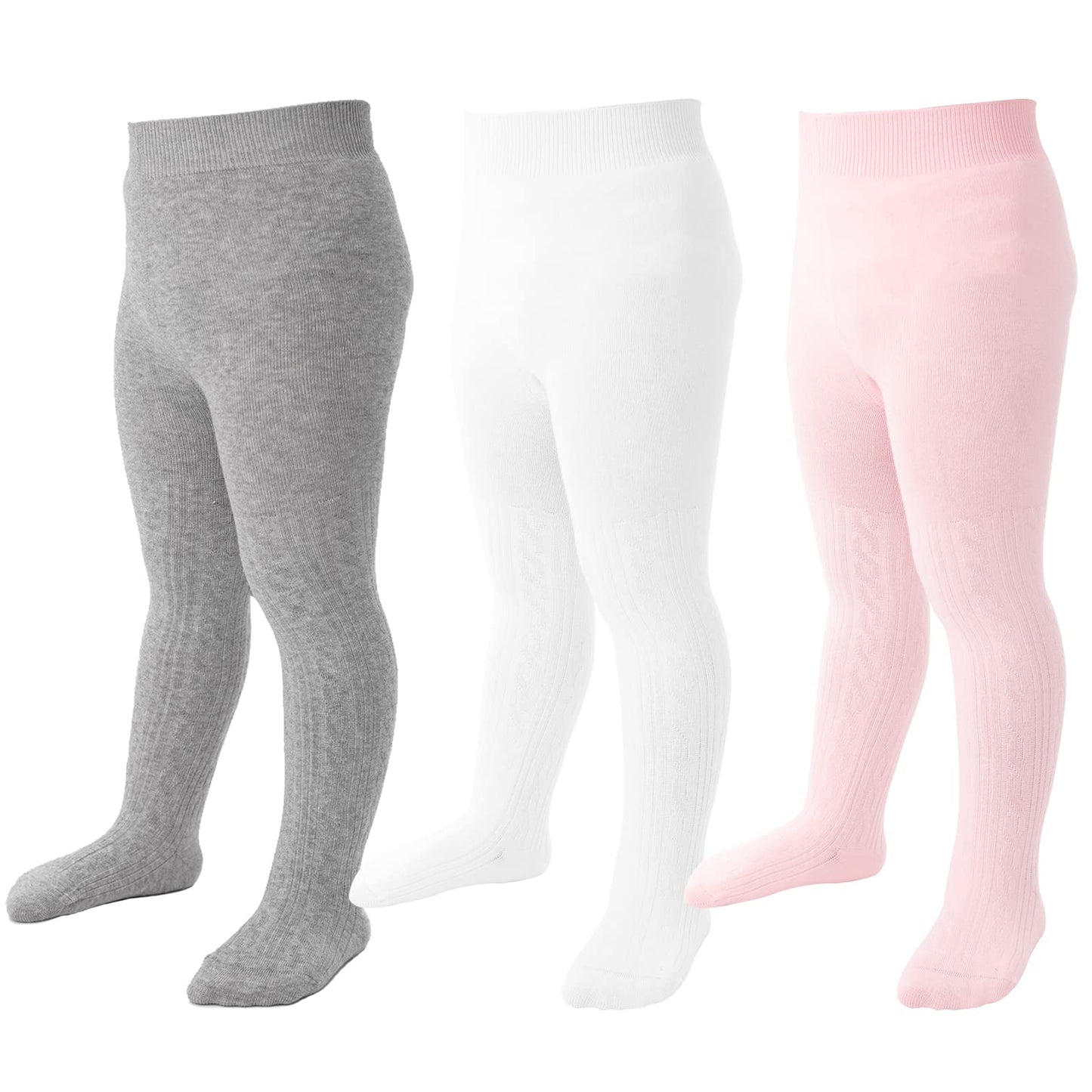 Baby Tights 0-3 Months Girl Seamless Cable Knit Leggings Cotton Stockings Pantyhose For Newborn Infant 3 Pack (White, Grey, Pink