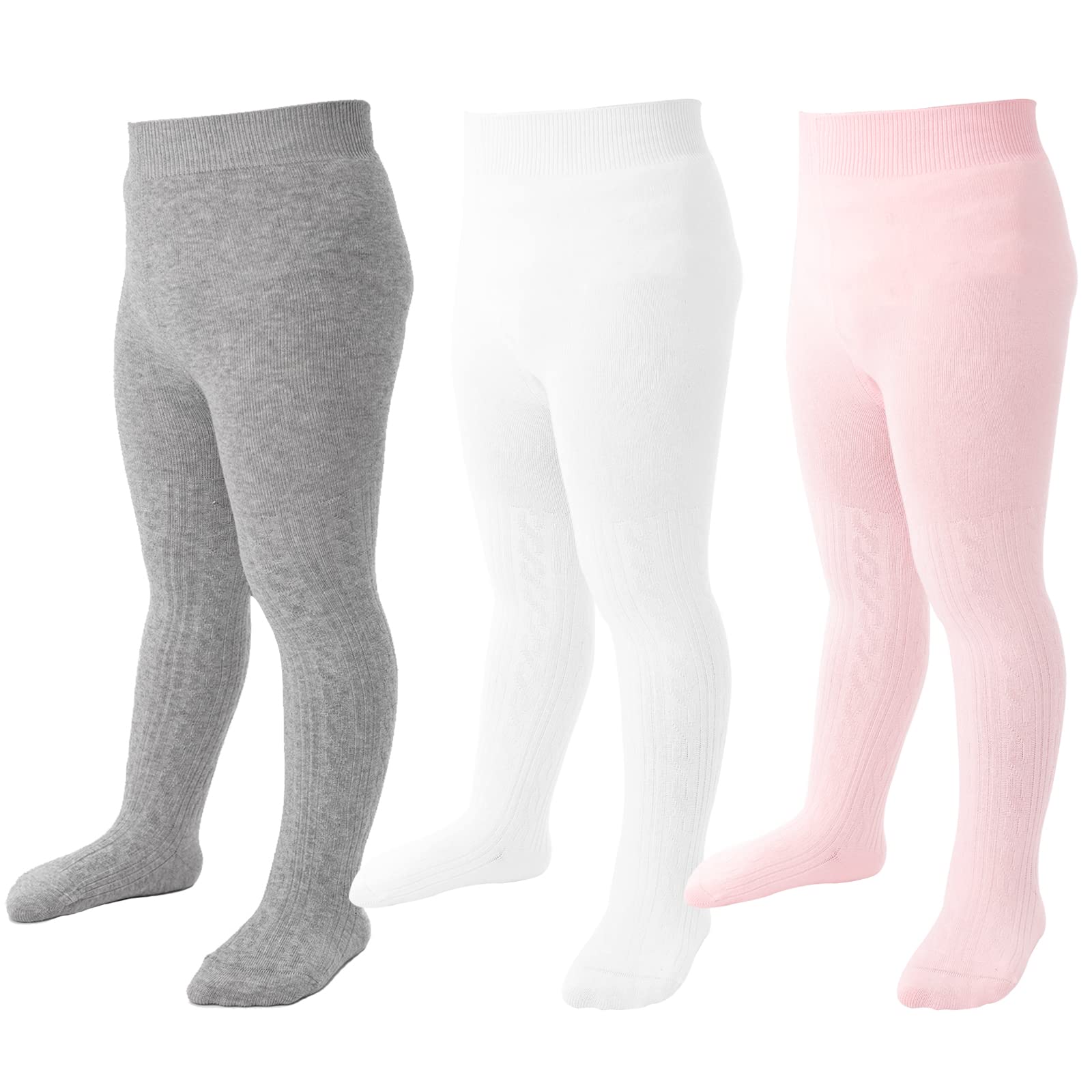 Baby Tights 0-3 Months Girl Seamless Cable Knit Leggings Cotton Stockings Pantyhose For Newborn Infant 3 Pack (White, Grey, Pink