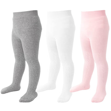 Baby Tights 0-3 Months Girl Seamless Cable Knit Leggings Cotton Stockings Pantyhose For Newborn Infant 3 Pack (White, Grey, Pink