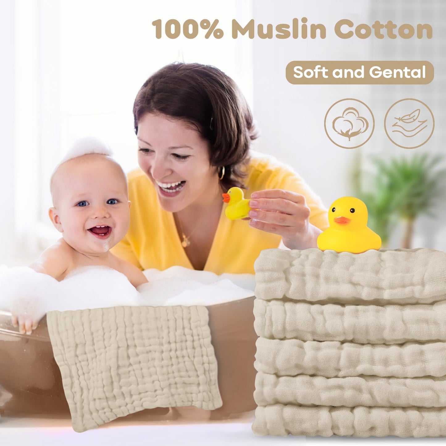 Yoofoss Muslin Baby Washcloths 100% Cotton Face Towels 10 Pack Wash Cloths For Baby 12X12In Soft And Absorbent Baby Wipes (Apric